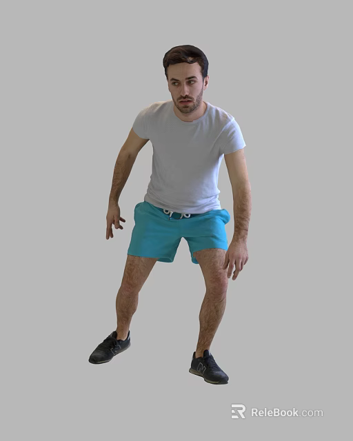 Man In Gray T Shirt And Blue Shorts With Black Shoes Standing Pose 3d model 