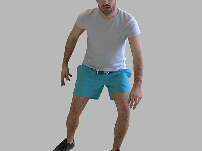 Man In Gray T Shirt And Blue Shorts With Black Shoes Standing Pose 3d model