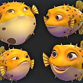 Cute Yellow Pufferfish Game And Movie Characters With Spikes And Different Expressions