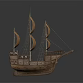 Wooden Sailing Ship Model With Brown Sails And Ornate Watercraft Details