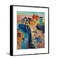 Two Framed Colorful Landscape Paintings with Vibrant Town Scenery and Garden View