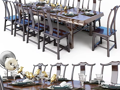 Stylish Wooden Dining Table Set with Matching Chairs Elegant Plates Glasses and Decorative Items 3d model