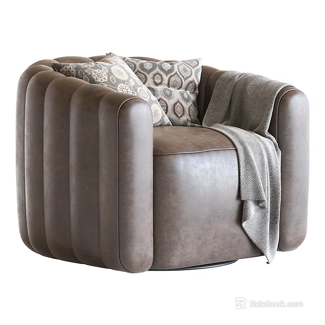 Brown Leather Single Sofa With Vertical Ribbed Design Geometric Pattern Pillows And Gray Throw Blanket 3d model