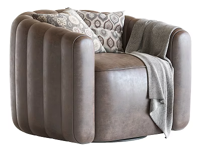 Brown Leather Single Sofa With Vertical Ribbed Design Geometric Pattern Pillows And Gray Throw Blanket 3d model