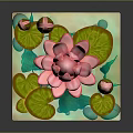 Transparent Cube Container With Pink Water Lily Green Lotus Leaves Aquatic Plants Sand And Pebbles