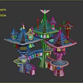 Fantasy Style Castle Architecture With Multiple Blue Roof Towers And Decorative Spires
