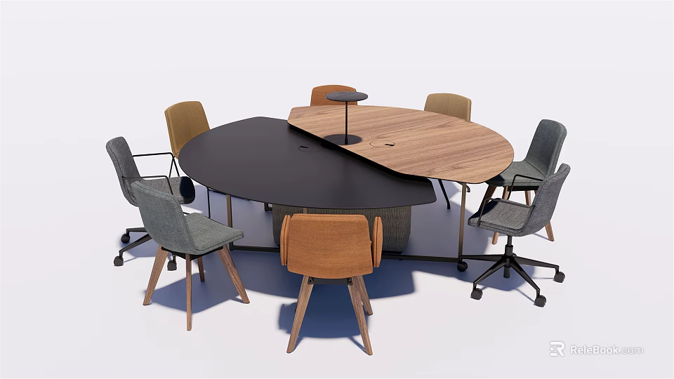 Round Conference Table With Mixed Black And Wooden Surface And Various Office Chairs 3d model 
