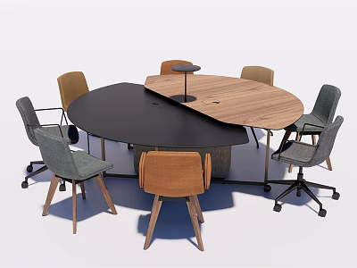 Round Conference Table With Mixed Black And Wooden Surface And Various Office Chairs 3d model