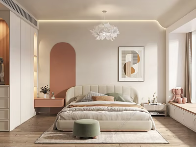 Cozy Modern Bedroom Interior With Bed Pillows Green Ottoman Wooden Floor Chandelier And Decorative Painting 3d model