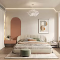 Cozy Modern Bedroom Interior With Bed Pillows Green Ottoman Wooden Floor Chandelier And Decorative Painting