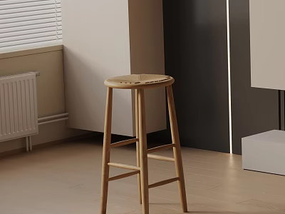 Wooden Bar Stool With Woven Seat In Modern Light Colored Interior With Wooden Floor 3d model