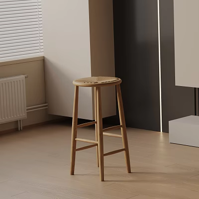 Wooden Bar Stool With Woven Seat In Modern Light Colored Interior With Wooden Floor 3d model