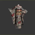 Traditional Kimono Garment With Red Black Patterns And Decorative Obi Belt