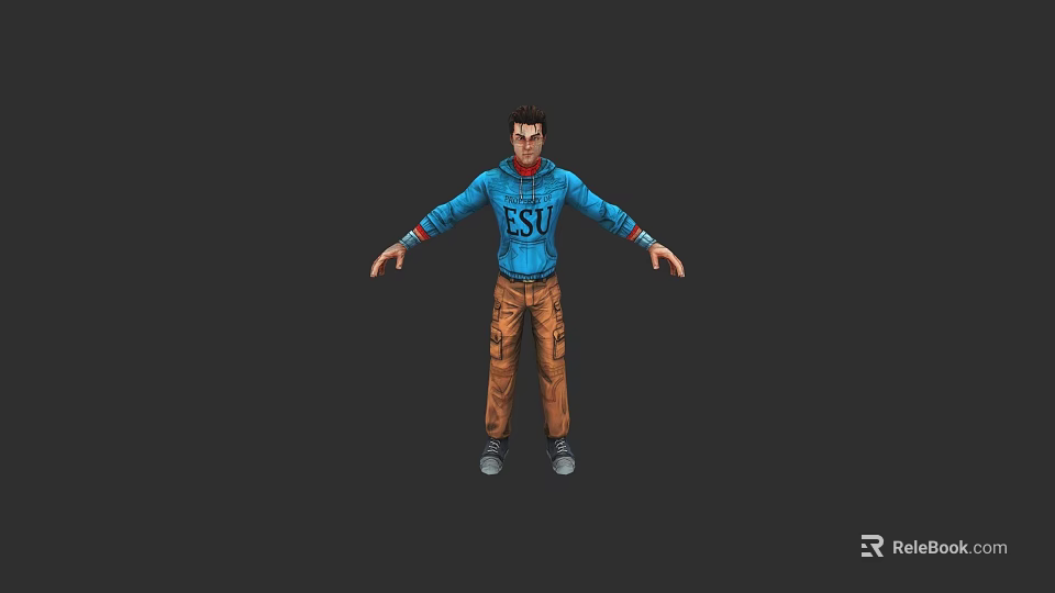 Game Movie Character in Blue Hoodie With ESI Print Brown Pants Gray Shoes Arms Outstretched 3d model 