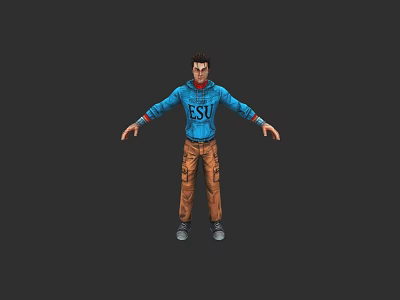 Game Movie Character in Blue Hoodie With ESI Print Brown Pants Gray Shoes Arms Outstretched 3d model