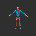 Game Movie Character in Blue Hoodie With ESI Print Brown Pants Gray Shoes Arms Outstretched