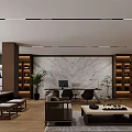 Modern Office Interior With Chinese Landscape Painting Office Desk Chair And Green Plants
