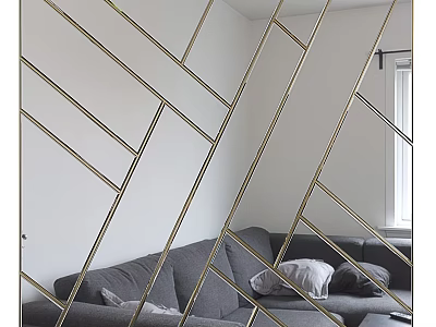 Modern Living Room With Geometric Gold Frame Mirror And Stylish Decorative Lines 3d model
