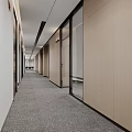 Modern Office Hallway Interior With Wooden Walls Grey Carpet Flooring Glass Doors And Blinds