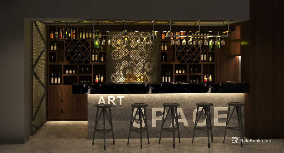 Art Space Bar Interior With Counter Stools Wine Racks And Decorative Bottles 3d model 