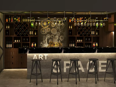 Art Space Bar Interior With Counter Stools Wine Racks And Decorative Bottles 3d model