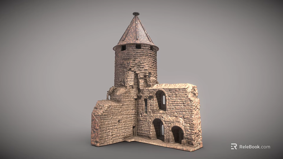 Ancient Stone Tower With Conical Roof And Medieval Ruined Adjacent Structure 3d model 