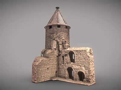 Ancient Stone Tower With Conical Roof And Medieval Ruined Adjacent Structure 3d model