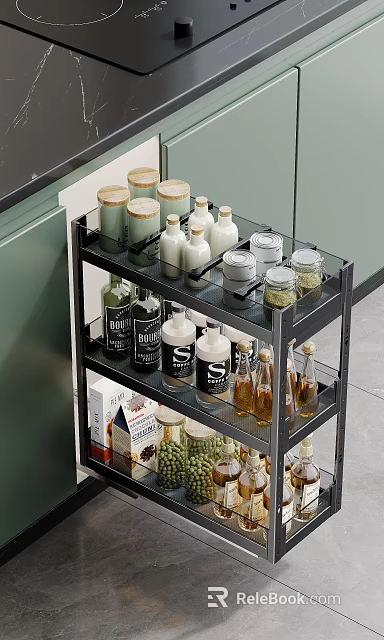Efficient Kitchen Storage Cabinets With Multi Tiered Metal Racks Holding Spice Jars And Oil Bottles 3d model 