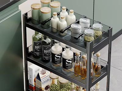Efficient Kitchen Storage Cabinets With Multi Tiered Metal Racks Holding Spice Jars And Oil Bottles 3d model
