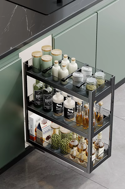 Efficient Kitchen Storage Cabinets With Multi Tiered Metal Racks Holding Spice Jars And Oil Bottles 3d model