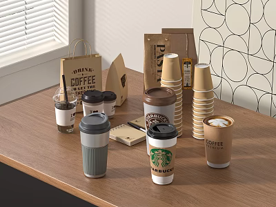 Different Coffee Cups Stacked and Single on Wooden Table With Paper Bags and Straws 3d model