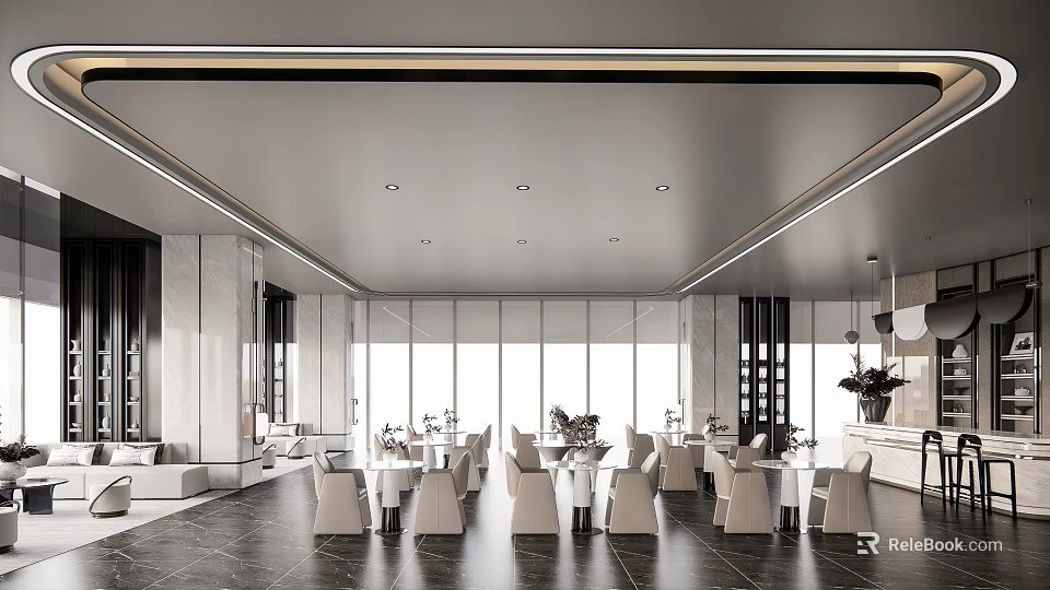 Elegant Modern Restaurant Interior With Marble Floors Tables Chairs And Large Windows 3d model 
