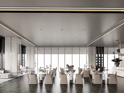Elegant Modern Restaurant Interior With Marble Floors Tables Chairs And Large Windows 3d model