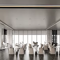 Elegant Modern Restaurant Interior With Marble Floors Tables Chairs And Large Windows