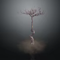 Wooden Stone Sculpture Featuring Twisted Tree Trunk On Dark Background With Smoke Effect