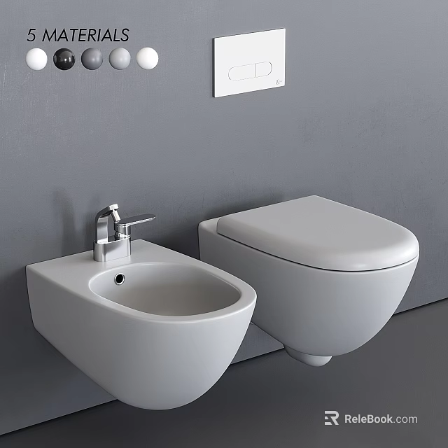 Modern Wall Mounted White Toilet And Bidet In Gray Bathroom With Sleek Design 3d model 