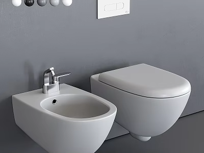 Modern Wall Mounted White Toilet And Bidet In Gray Bathroom With Sleek Design 3d model
