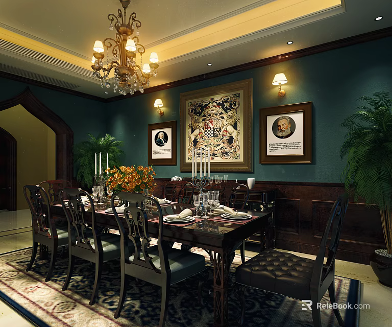 Elegant Restaurant Interior Design With Chandelier Teal Walls Decorative Paintings And Dining Table 3d model 