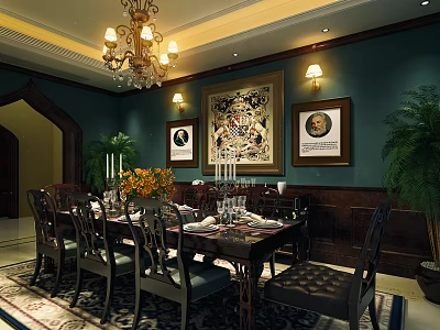 Elegant Restaurant Interior Design With Chandelier Teal Walls Decorative Paintings And Dining Table 3d model