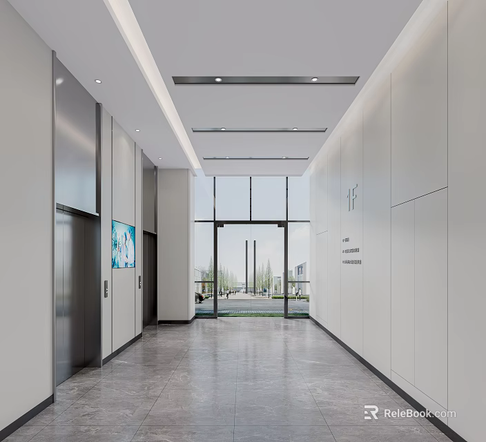 Modern Elevator Lobby Interior With Bright Lighting And Large Windows 3d model 