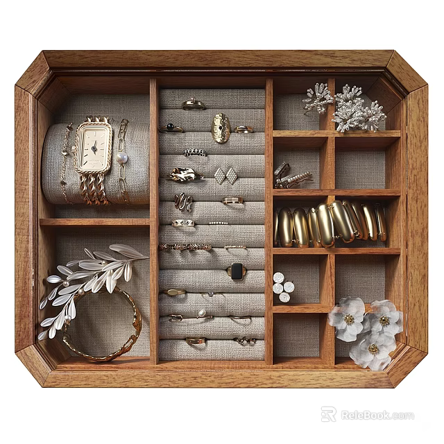 Assorted Jewelry in Wooden Box with Watches Rings Brooches Bracelets and Decorative Flowers 3d model 