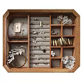 Assorted Jewelry in Wooden Box with Watches Rings Brooches Bracelets and Decorative Flowers