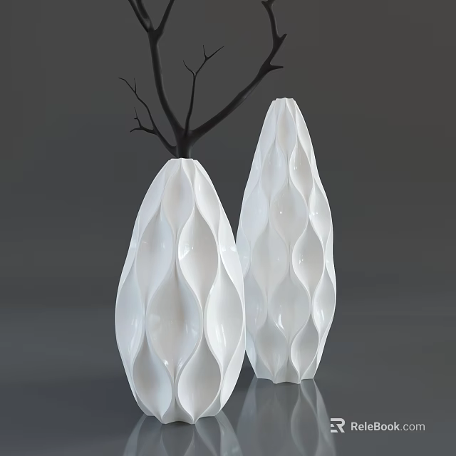 Two White Ceramic Vases With Geometric Texture For Modern Flower 3d model
