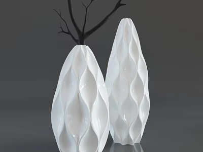 Two White Ceramic Vases With Geometric Texture For Modern Flower 3d model