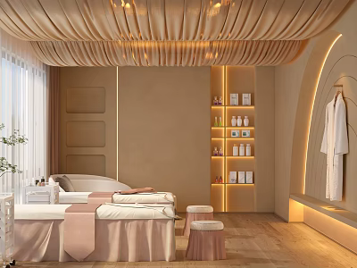 Relaxing SPA Sauna Featuring Massage Beds Canopy Ceiling Warm Lighting Beige Decor And Product Shelves 3d model
