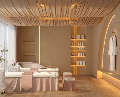 Relaxing SPA Sauna Featuring Massage Beds Canopy Ceiling Warm Lighting Beige Decor And Product Shelves 3d model