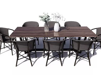 Stylish Wooden Dining Table With Modern Chairs And Decorative Vases In Cozy Dining Area 3d model