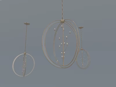 Three Different Sizes Circular Metal Frame Chandeliers With Small Bulb Accents On Light Blue Background 3d model