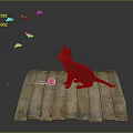 Gray Cat Sitting on Rustic Wooden Platform with Red Ball and Blue Butterflies