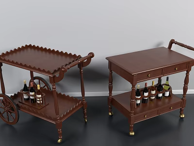 Classic Wooden Wine Carts With Wheels Shelves Drawers And Wine Bottles 3d model